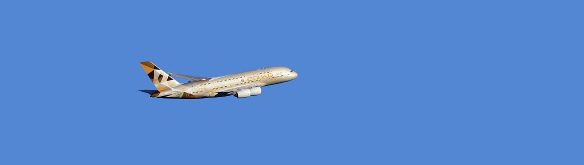 A white and gold Etihad Airways airplane on a blue sky background.